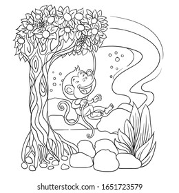 Coloring pages. Little cute monkey is hanging on the tree