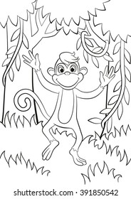 Coloring pages. Little cute monkey is jumping or running. Its smiling.