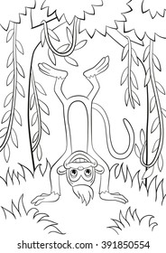 Coloring pages. Little cute monkey is standing udside down and smiling in the forest. Among trees and lianas.