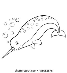 Coloring pages. Little cute narwhal swims and smiles.