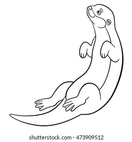 Coloring pages. Little cute otter swims and smiles.