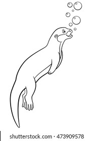 Coloring pages. Little cute otter swims and smiles.