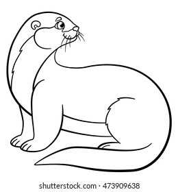 Coloring pages. Little cute otter stands and smiles.