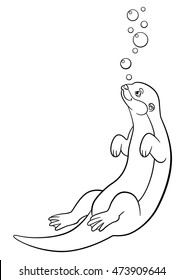 Coloring pages. Little cute otter swims and smiles.