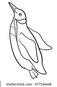 Coloring pages. Little cute penguin swims and smiles.