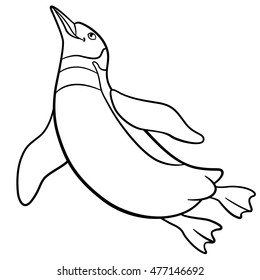 Coloring pages. Little cute penguin swims and smiles.