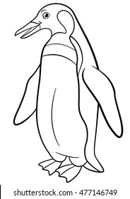 Coloring pages. Little cute penguin stands and smiles.