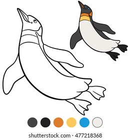 Coloring pages. Little cute penguin swims and smiles.