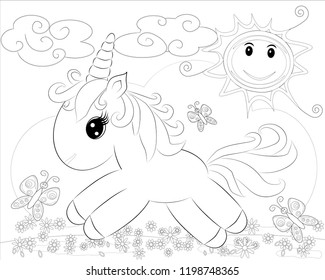 Coloring pages. Little cute pony and rainbow