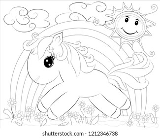 Coloring pages. Little cute pony and rainbow