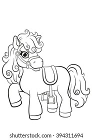 Coloring pages. Little cute pony standing on the field and smiling. 
