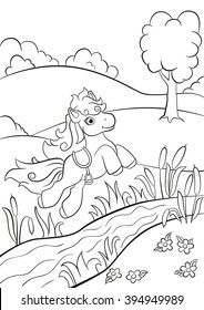 Coloring pages. Little cute pony jumping over the river on the field. She is beautiful and smiling.
