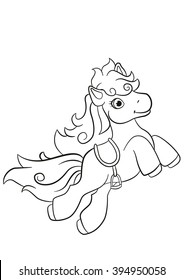 Coloring pages. Little cute pony jumping and smiling. She is beautiful.