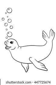 Coloring pages. Little cute seal swims and smiles.