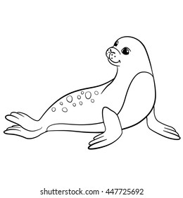 Coloring pages. Little cute spotted seal lays and smiles.