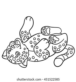 Coloring pages. Little cute spotted baby jaguar smiles.