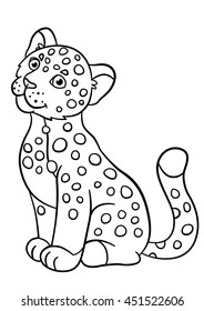 Coloring pages. Little cute spotted baby jaguar smiles.