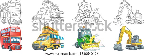 Coloring pages.\
London bus, food truck, tractors. Cartoon clipart set for kids\
activity colouring book, t shirt print, icon, logo, label, patch or\
sticker. Vector\
illustration.