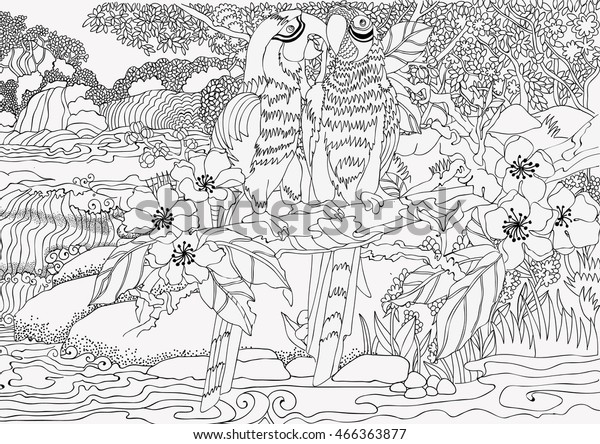 Coloring Pages Loving Parrots On Background Stock Vector