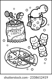 a coloring pages of many food and snacks