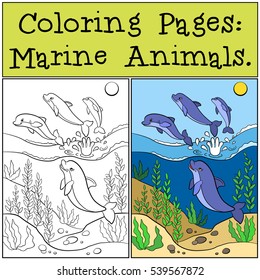 Coloring Pages: Marine Animals. Group of cute dolphins jumps out the water. They are smiling and happy.