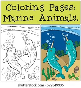 Coloring Pages: Marine Animals. Two little cute narwhals swim underwater.