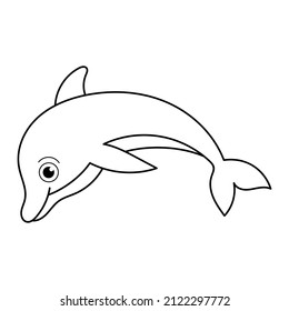 Coloring pages. Marine wild animals. Little cute baby dolphin smiles.