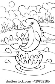 Coloring pages. Marine wild animals. Little cute dolphin jumps from the water and smiles.