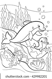 Coloring pages. Marine wild animals. Mother dolphin swims with her little cute baby dolphin. Underwater.