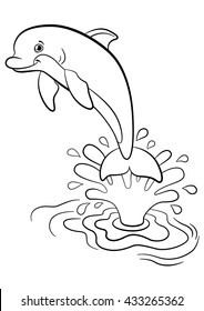 Coloring pages. Marine wild animals. Little cute dolphin jumps from the water and smiles.