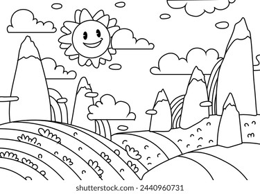 Coloring Pages of Meadow with a backdrop of grasslands, mountains and trees, sun smiled. Printable Coloring book Outline black and white.