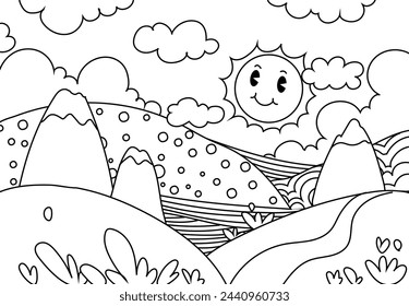 Coloring Pages of Meadow with a backdrop of grasslands, mountains and trees, sun smiled. Printable Coloring book Outline black and white.