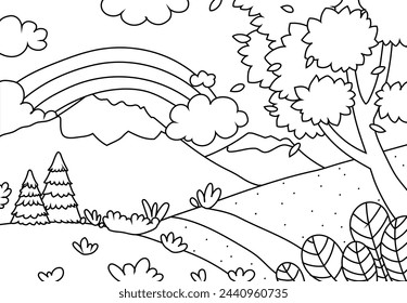 Coloring Pages of Meadow with a backdrop of grasslands, mountains and trees, sun smiled. Printable Coloring book Outline black and white.