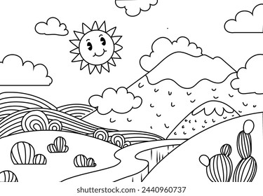 Coloring Pages of Meadow with a backdrop of grasslands, mountains and trees, sun smiled. Printable Coloring book Outline black and white.