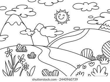 Coloring Pages of Meadow with a backdrop of grasslands, mountains and trees, sun smiled. Printable Coloring book Outline black and white.