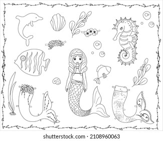 Coloring pages mermaid paper doll vector illustration. Coloring book sea and coloring page summer