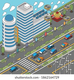 Coloring pages modern city composition with flying drone and skyscrapers with cars on road and pavement vector illustration