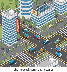 Coloring pages modern city composition with bird eye view of town block with buildings and roads vector illustration