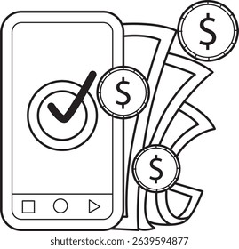 Coloring pages of money and finance collection. outline of cell phone with a lot of money
