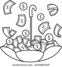 Coloring pages of money and finance collection. outline of carrying a lot of money with umbrella 
