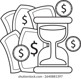 Coloring pages of money and finance collection. outline of hourglass with a lot of money
