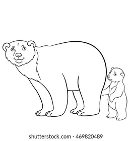 Coloring pages. Mother bear stands with her little cute baby and smiles.