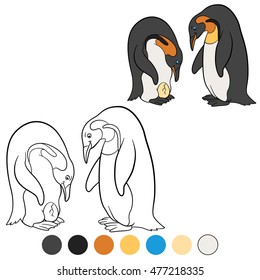 Coloring pages. Mother and father penguin look at the egg and smile.