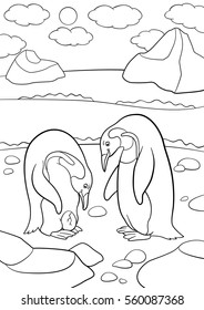 Coloring pages. Mother and father penguin looks at the egg and smiles.