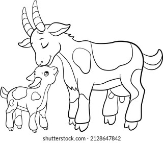 Coloring pages. Mother goat stands with her little cute baby goat.