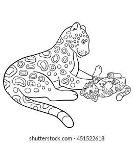 Coloring pages. Mother jaguar with her little cute cub.
