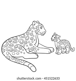 Coloring pages. Mother jaguar with her little cute cub.