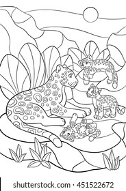 Coloring pages. Mother jaguar with her little cute cubs on the stones.