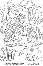 Coloring pages. Mother jaguar with her little cute cub in the forest.