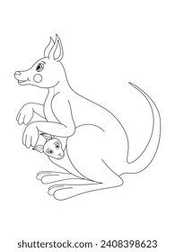 Coloring pages. Mother kangaroo with her little cute baby.